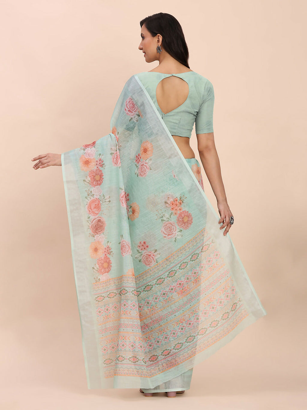 Shree Shyam Fashion Linen Cotton Sea Green Saree | Grocsy