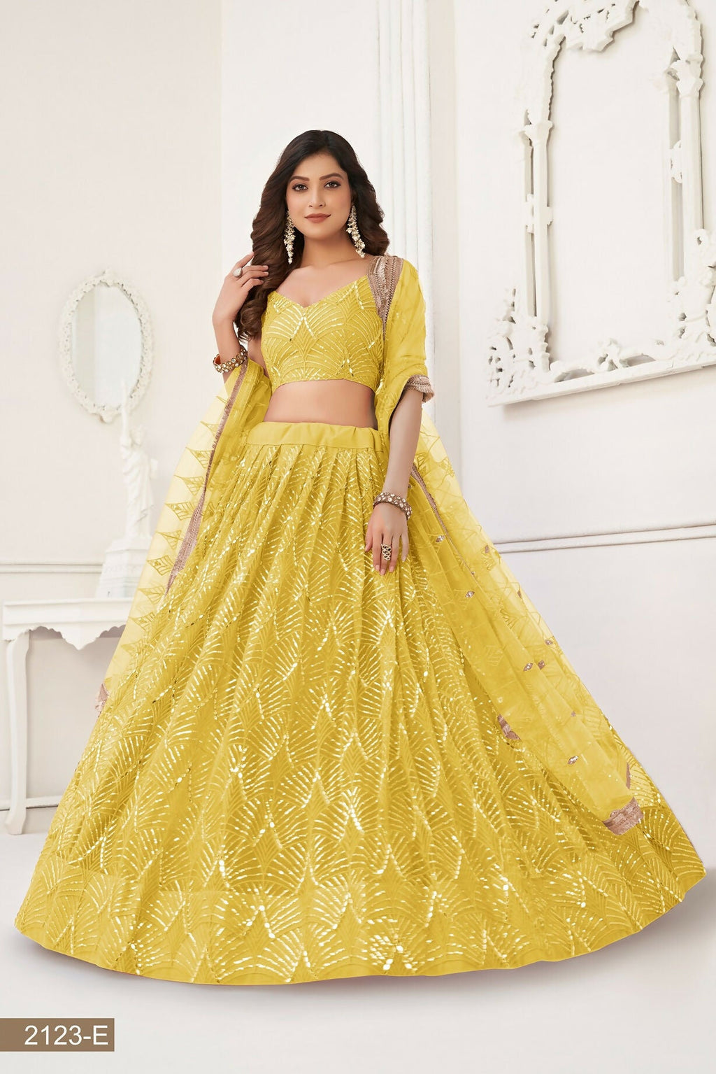 Eilara Glamorous Yellow Net With Sequins And Thread Embroidery Real Mirror Work Lehenga Choli For Wedding | Grocsy