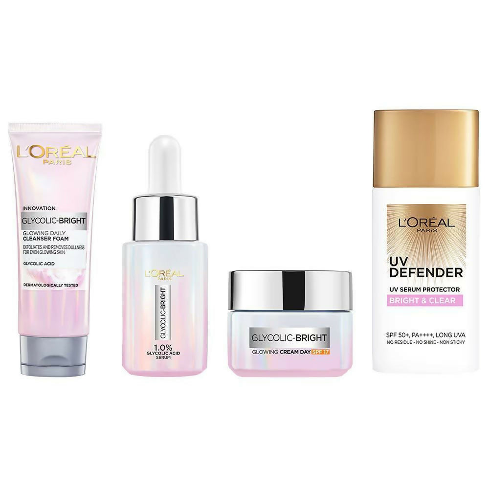 L'Oreal Paris Glycolic Acid Glowing And Protecting CSMS (Cleanser, Serum, Moisturizer, Sunscreen) Regime Kit | Grocsy