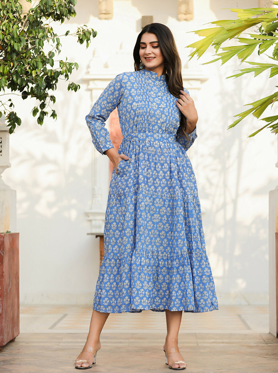 Kaajh Women's Blue Floral Handblock Print Cotton Dress | Grocsy