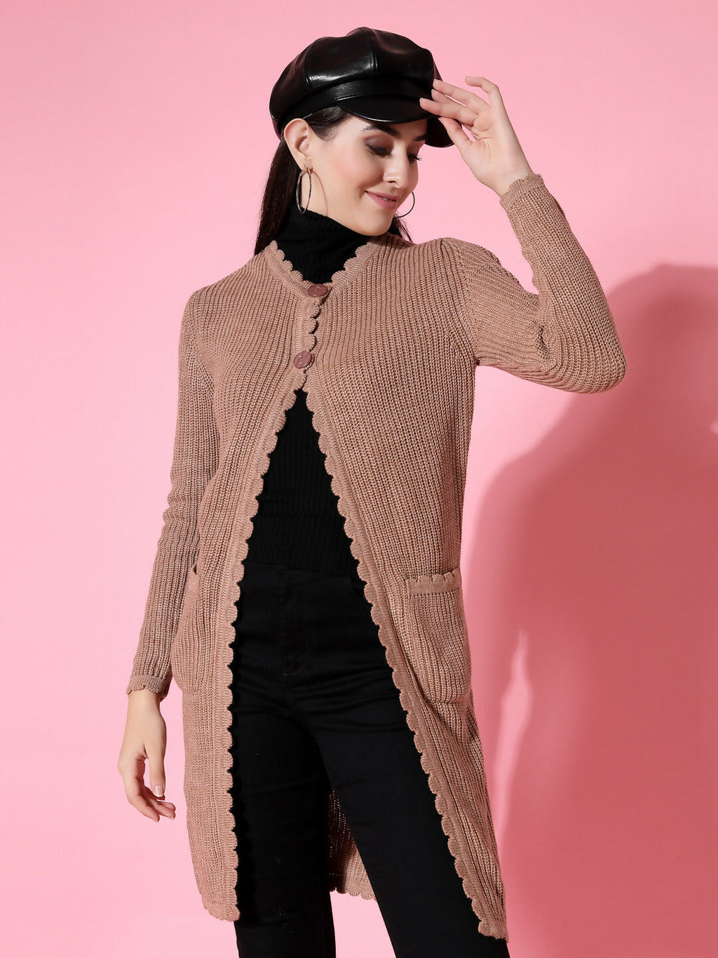 Women Self Design Long Brown Acrylic Winter Shrug - Wool Trees | Grocsy