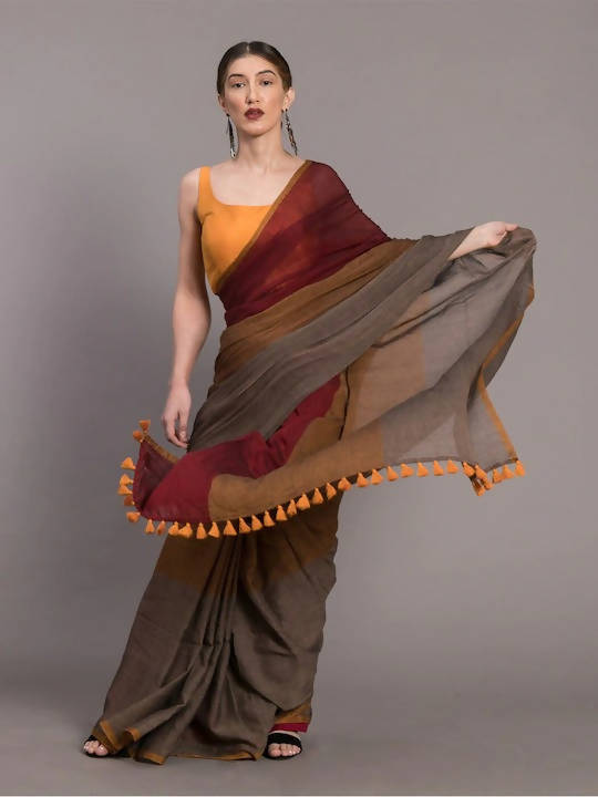Suta Grey Maroon Colourblocked Pure Cotton Saree | Grocsy