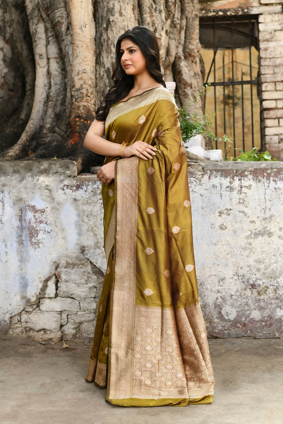 Joban Fashion Olive Green Pure Katan Pure Handloom Banarasi Silk Saree | Grocsy