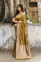 Joban Fashion Olive Green Pure Katan Pure Handloom Banarasi Silk Saree | Grocsy