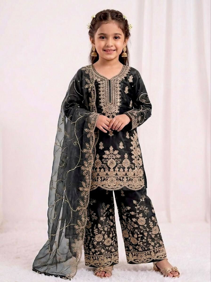 Teeya Creation Girls Heavy Embroidery Black Ethnic Kurta And Palazzo Set With Net Dupatta | Grocsy