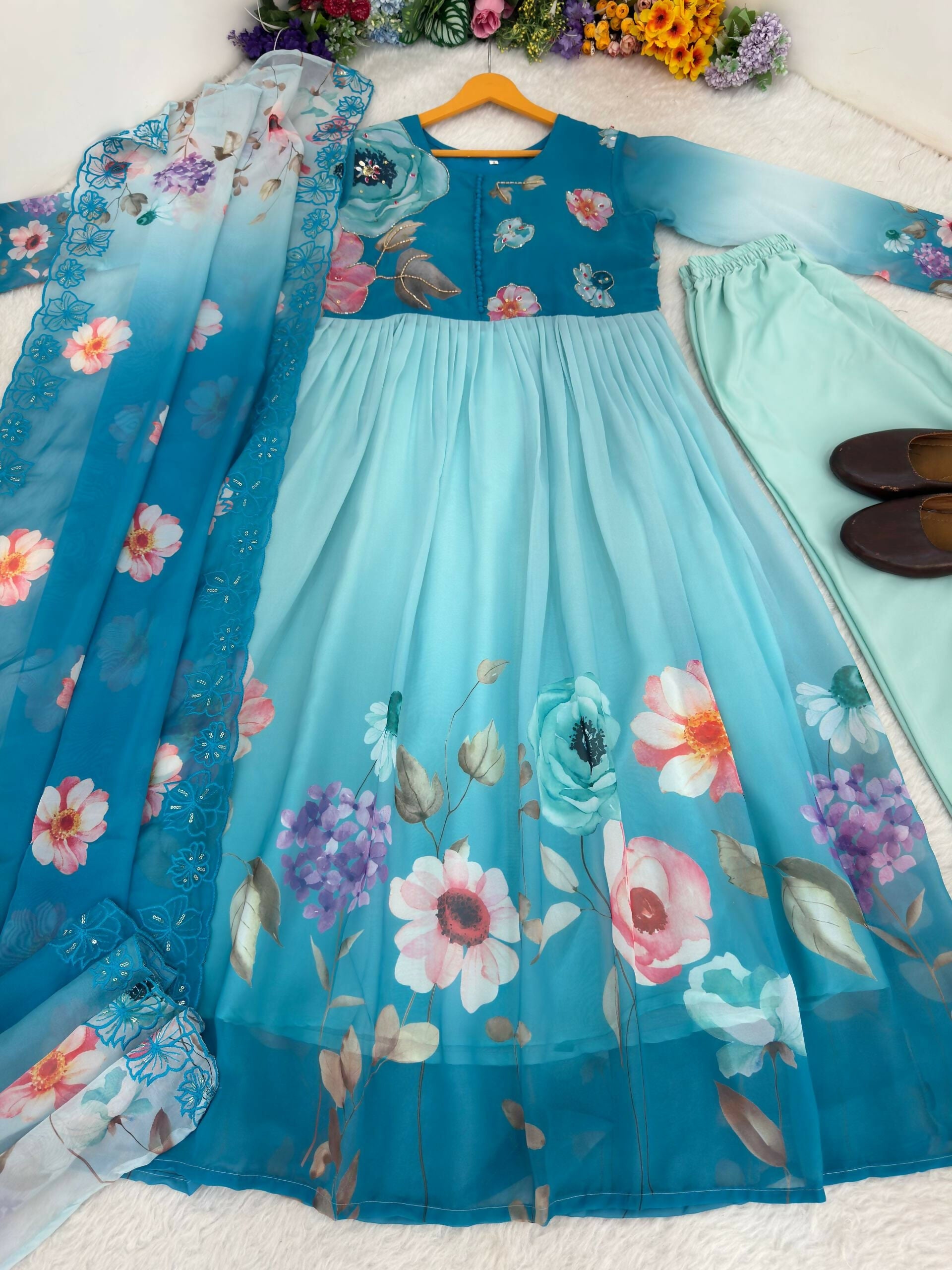 Teeya Creation Womens New Fancy Silk Heavy Quality Fabric With Handwork Sky-Blue Gown Set | Grocsy