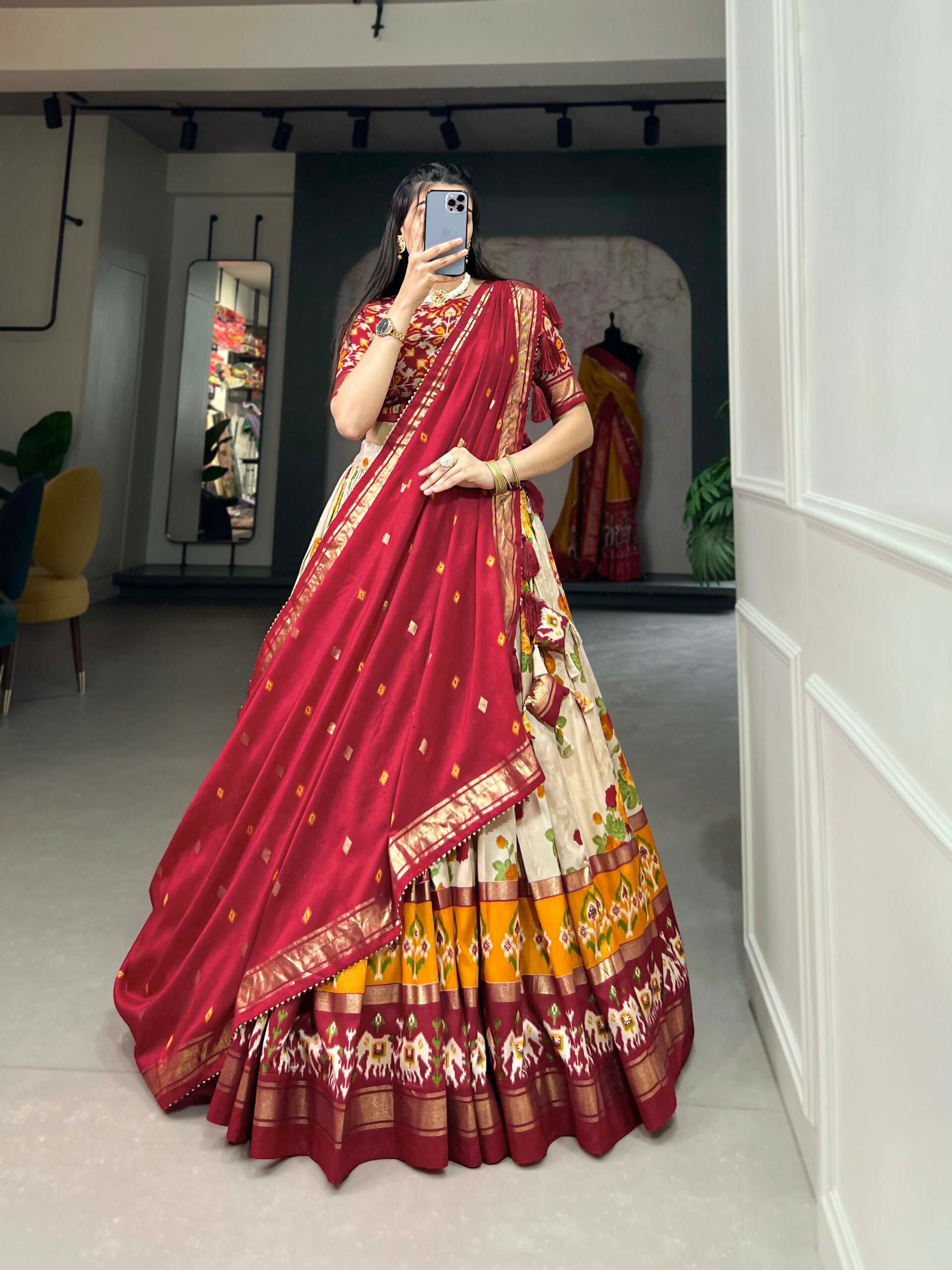 Vastranavya Floral And Patola Print With Foil Work Lehenga with Unstitched Blouse - Red | Grocsy