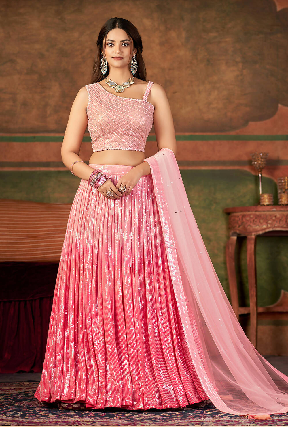 Wedding Designer Pink Nylon Georgette Readymade Lehenga Choli - Anbazaar | Grocsy