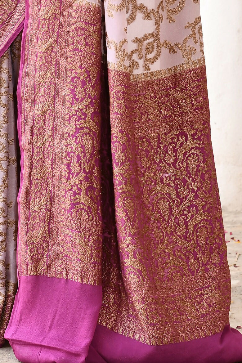 Joban Fashion Pastel Lilac Crepe Chiffon Pure Handloom Banarasi Silk Saree | Grocsy