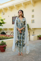 Vaasva Women SkyBlue Muslin Embroidered Kurta,Pant & Dupatta Set | Grocsy