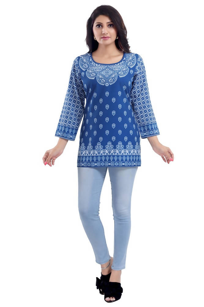 Snehal Creations Royal Blue Faux Crepe Short Kurti Tunic Top | Grocsy