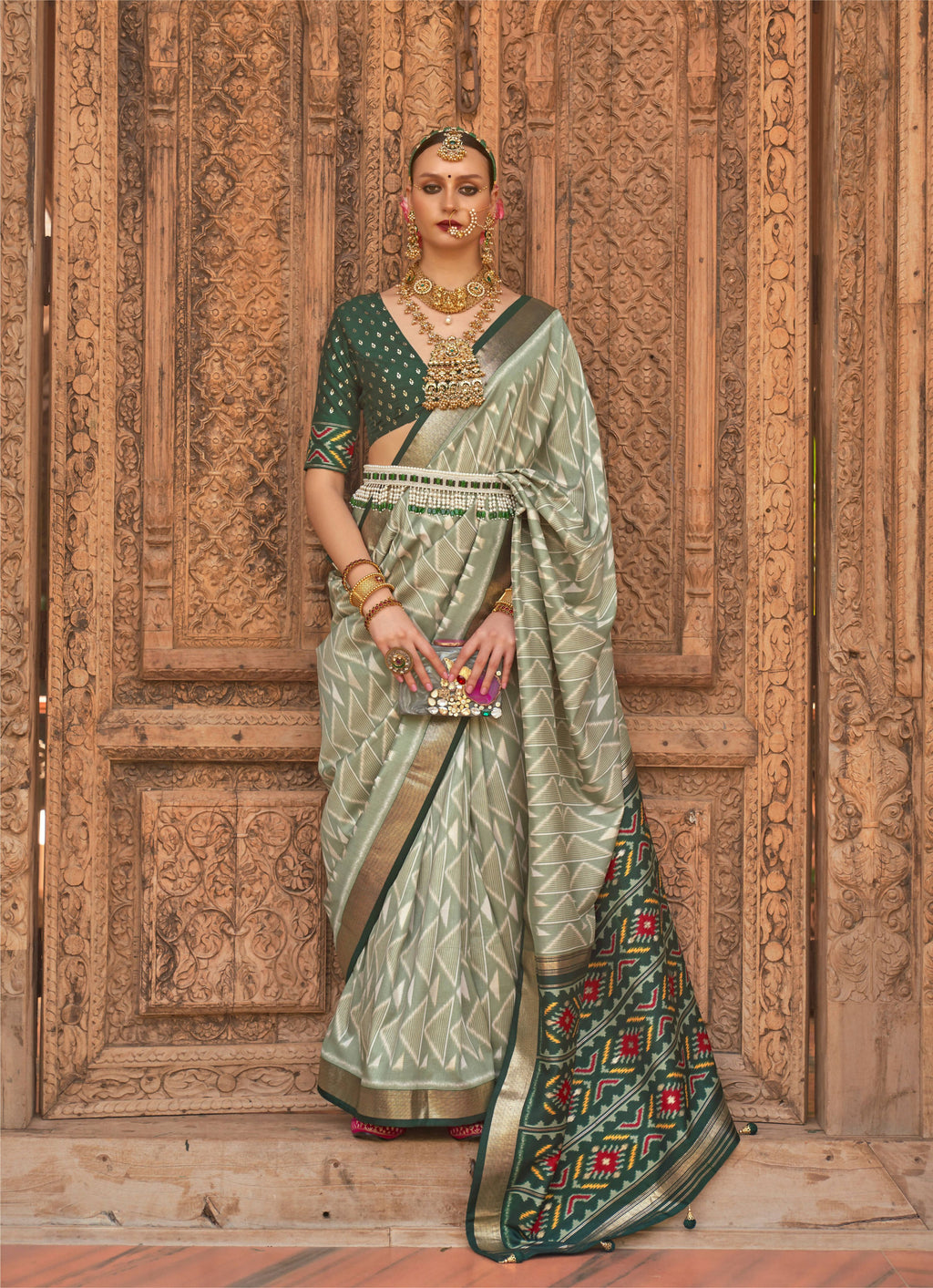 Light Green Silk Geometric Printed Saree With Unstitched Blouse Piece - Aanchal | Grocsy