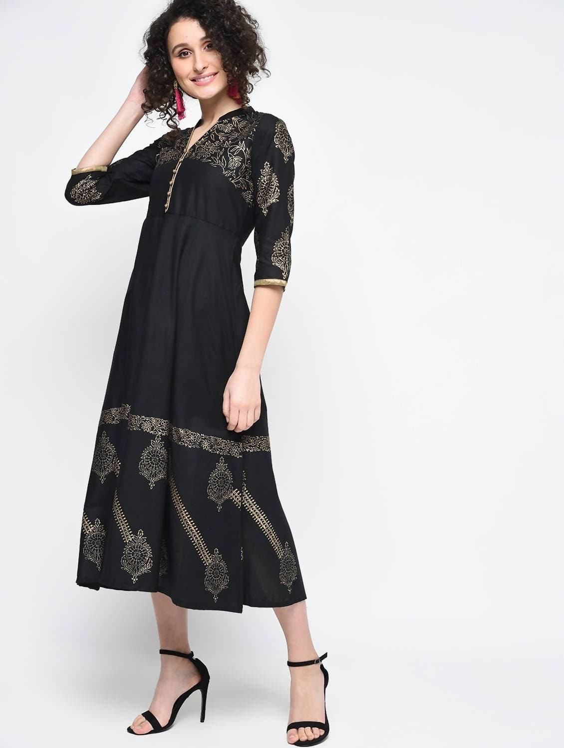 Cheera Hand Block Print Black Anarkali Party Wear Kurta | Grocsy