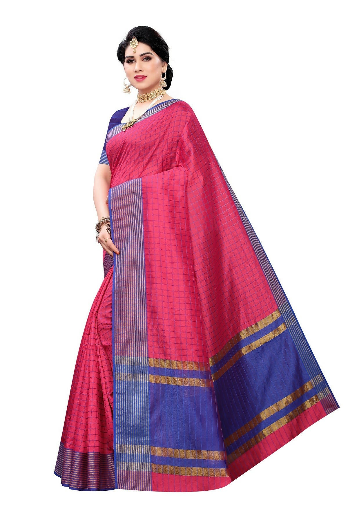 Vamika Pink and Blue Cotton Silk Weaving Saree (Manipuri Pink) | Grocsy