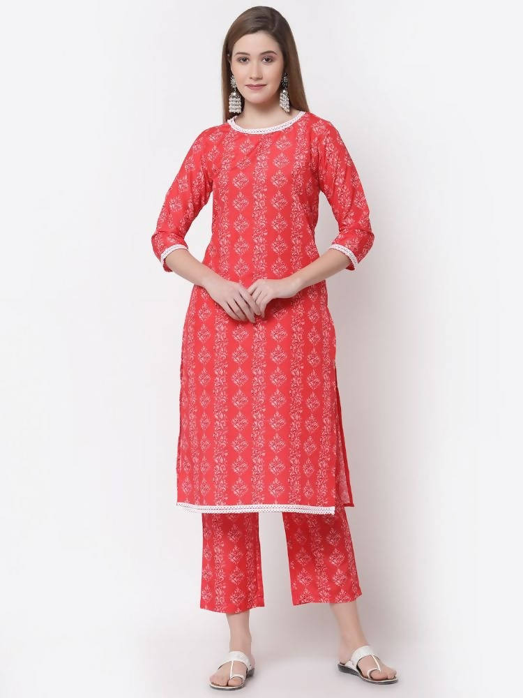 Myshka Red Color Cotton Printed Kurta With Pant Dupatta Set | Grocsy
