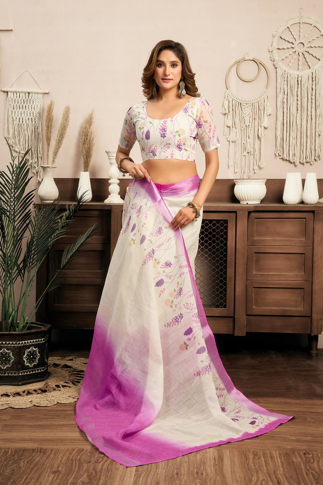 Vastranavya White Lavender Digital Printed Linen Ready To Wear Designer Saree with Unstitched Blouse | Grocsy