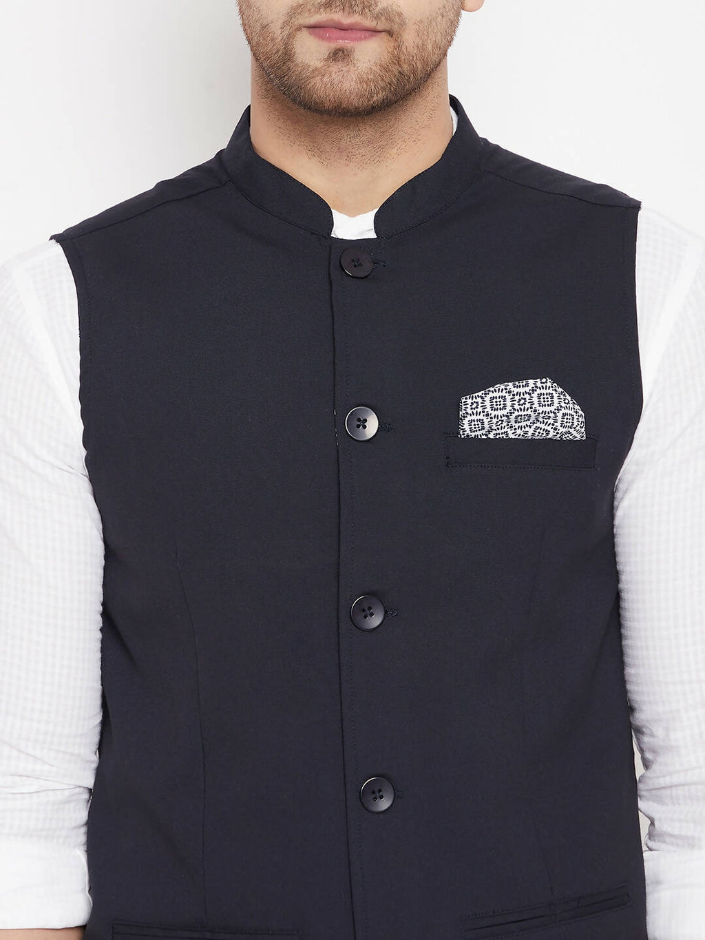 Even Apparels Navy Merino Men's Nehru Jacket-Contrast Lining-Inbuilt Pocket Square | Grocsy