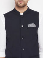 Even Apparels Navy Merino Men's Nehru Jacket-Contrast Lining-Inbuilt Pocket Square | Grocsy