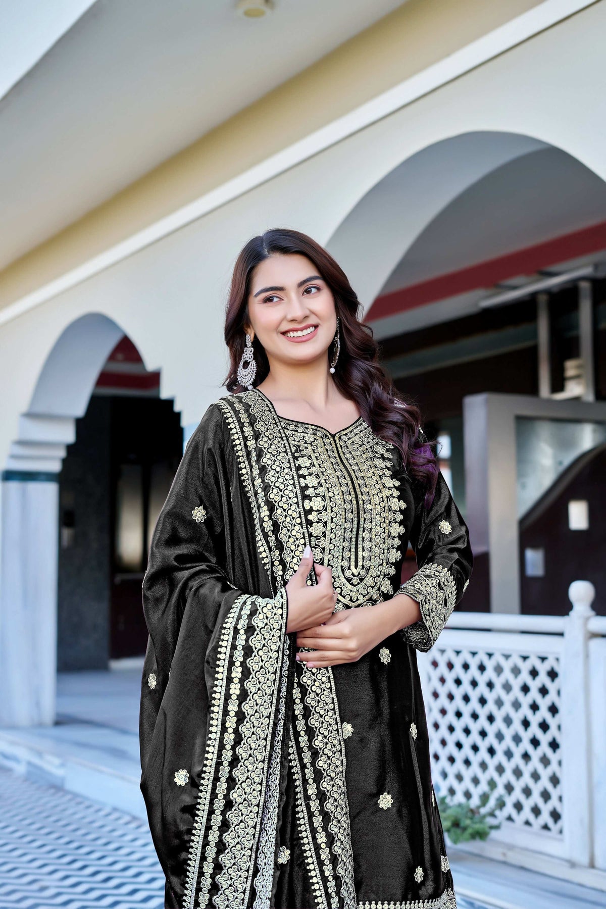 Teeya Creation Black Color Chinon Silk Heavy Embroidery Work Wedding Wear Sharara | Grocsy
