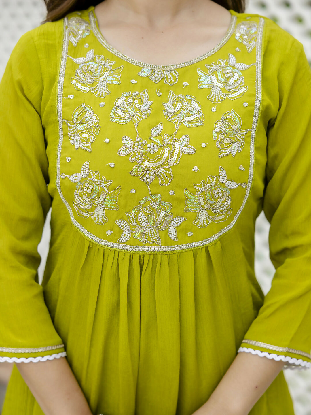 The52 Liril Women's Beautiful Embroidered work Chinon Fabric with Flared Kurta, Pant and Dupatta Set | Grocsy