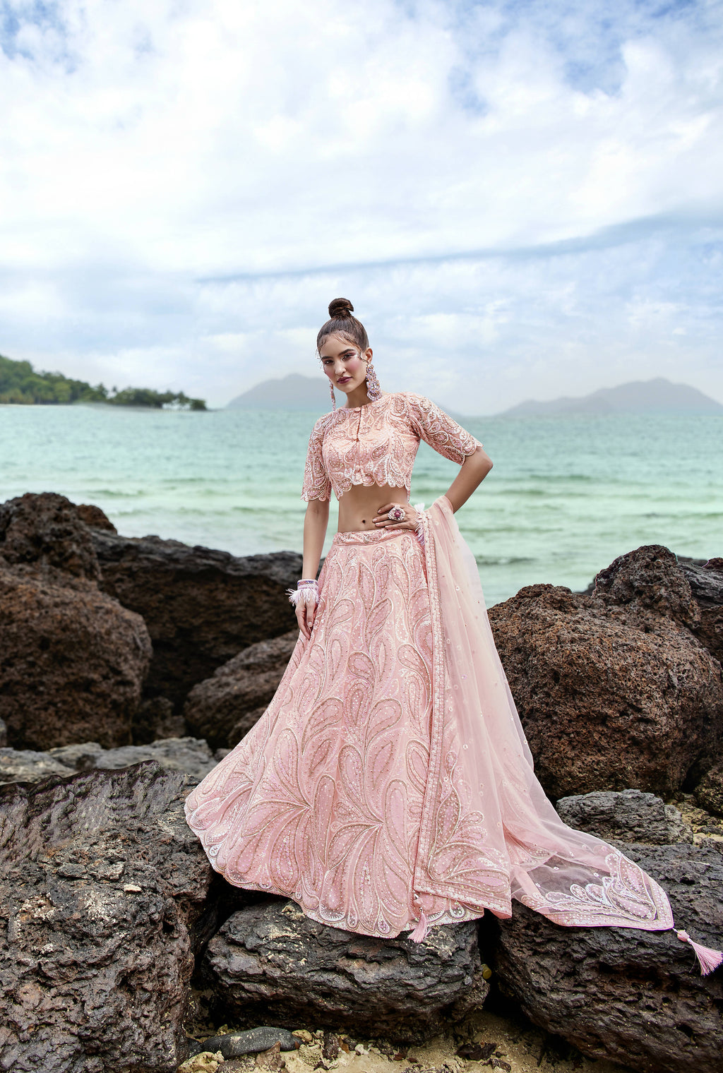 House of Panchhi Coral Net Multi Sequins with heavy Zarkan embroidery Lehenga choli & Dupatta | Grocsy