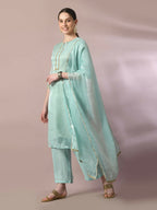 Myshka Women's Sea Green Solid Straight Party Kurta Set With Dupatta | Grocsy