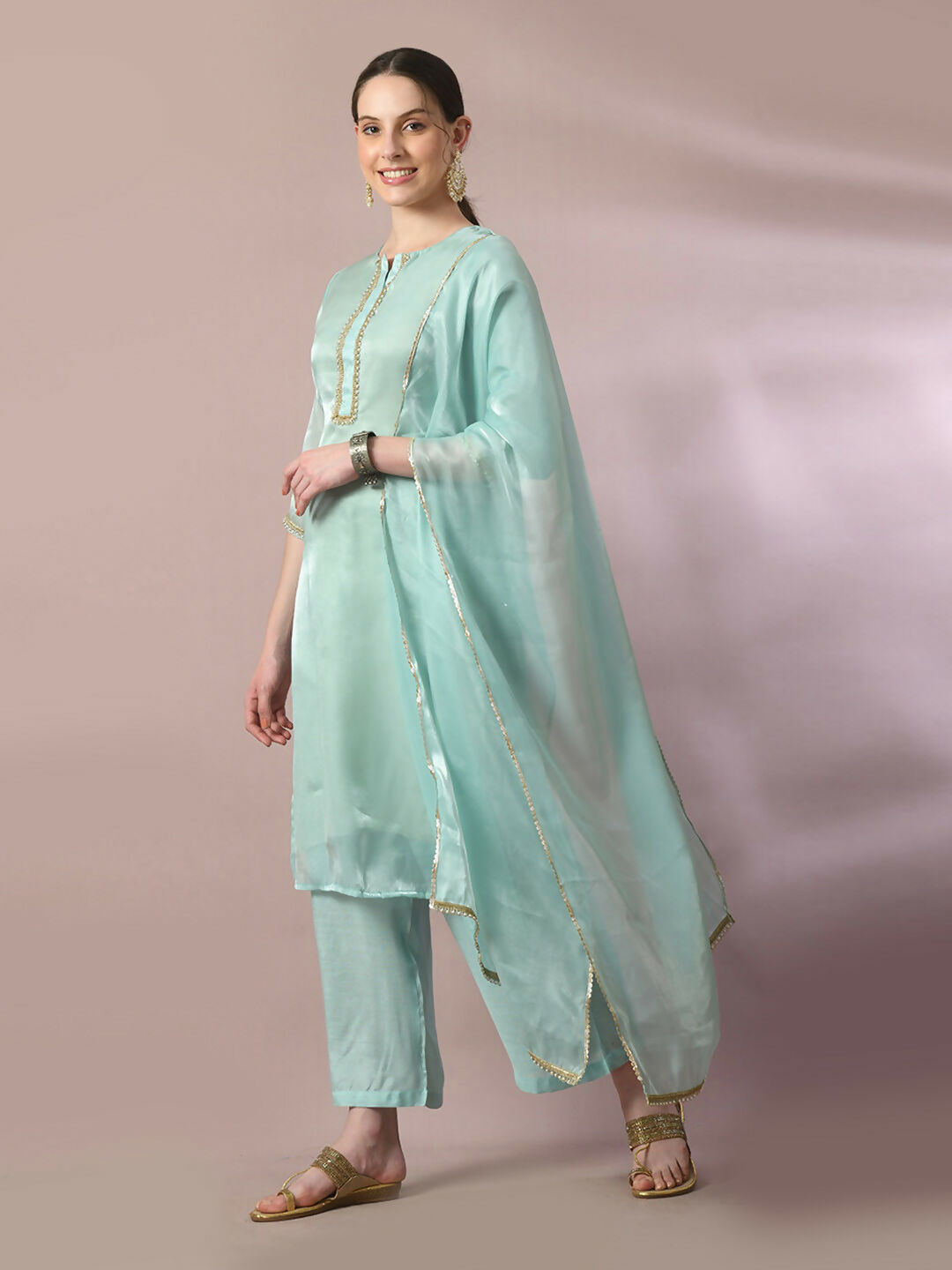 Myshka Women's Sea Green Solid Straight Party Kurta Set With Dupatta | Grocsy
