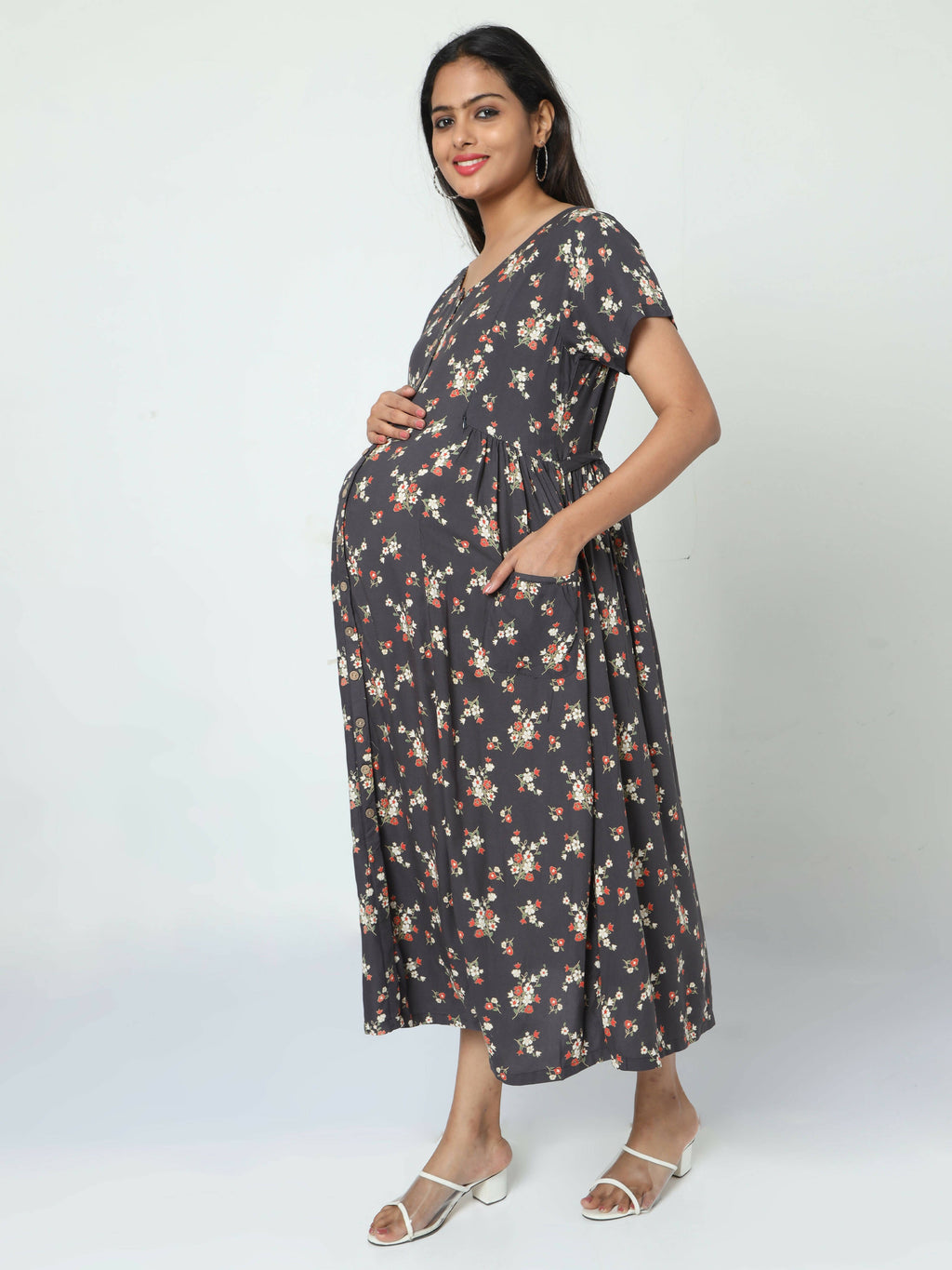 Manet Short Sleeves Maternity Dress Floral Print With Concealed Zipper Nursing Access - Navy Blue | Grocsy