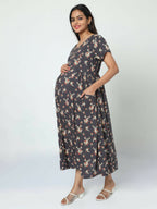 Manet Short Sleeves Maternity Dress Floral Print With Concealed Zipper Nursing Access - Navy Blue | Grocsy