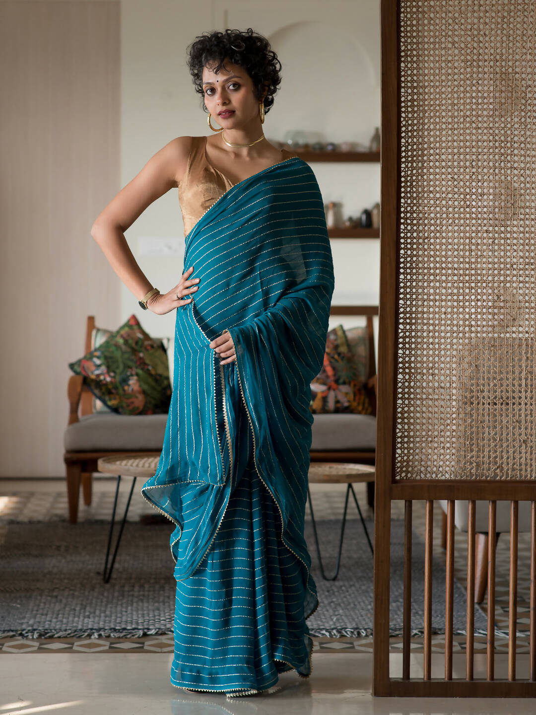Suta Turquoise Blue Striped Viscose Rayon Saree | Grocsy