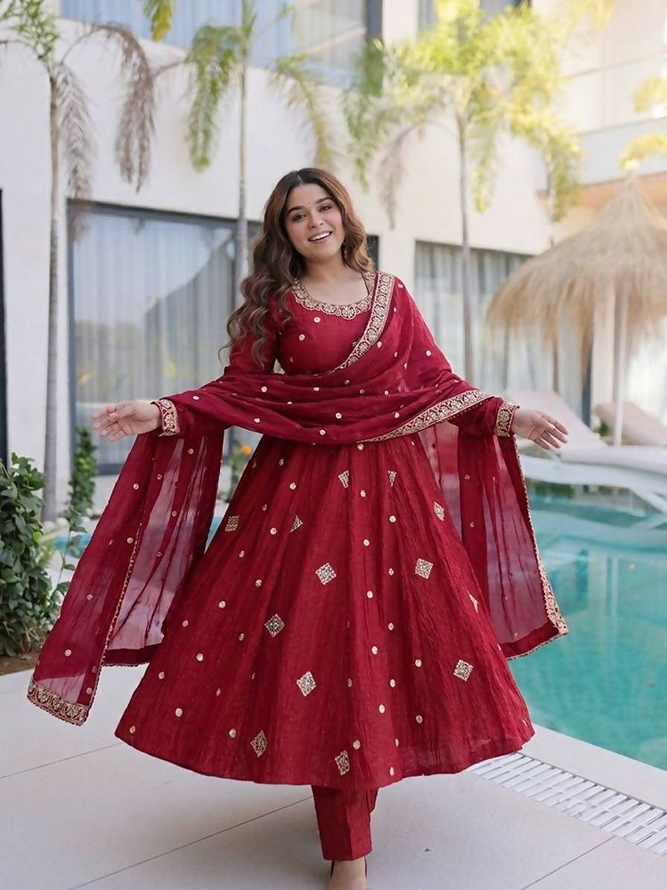 Teeya Creation New Trendy Elegant Red Embroidered Anarkali Suit with Dupatta | Grocsy