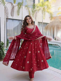 Teeya Creation New Trendy Elegant Red Embroidered Anarkali Suit with Dupatta | Grocsy