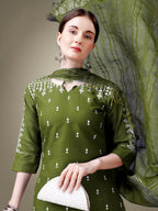 Jyoti Fashion Women's Mehendi Cotton Blend Embroidery & Sequence work Kurta with Trouser & Dupatta | Grocsy