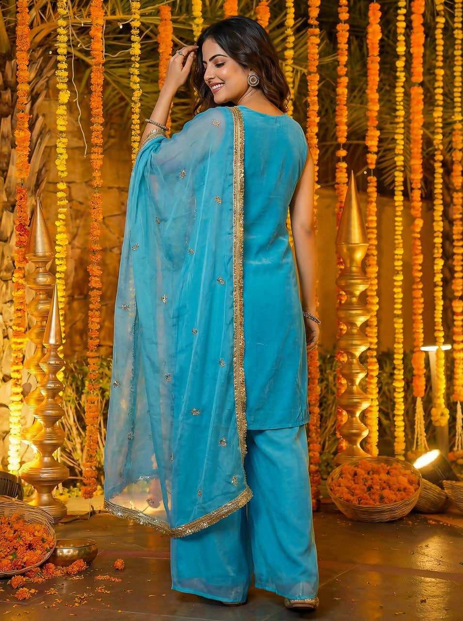 Joban Fashion Blue Silk Embroidered Sharara Set | Grocsy