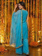 Joban Fashion Blue Silk Embroidered Sharara Set | Grocsy