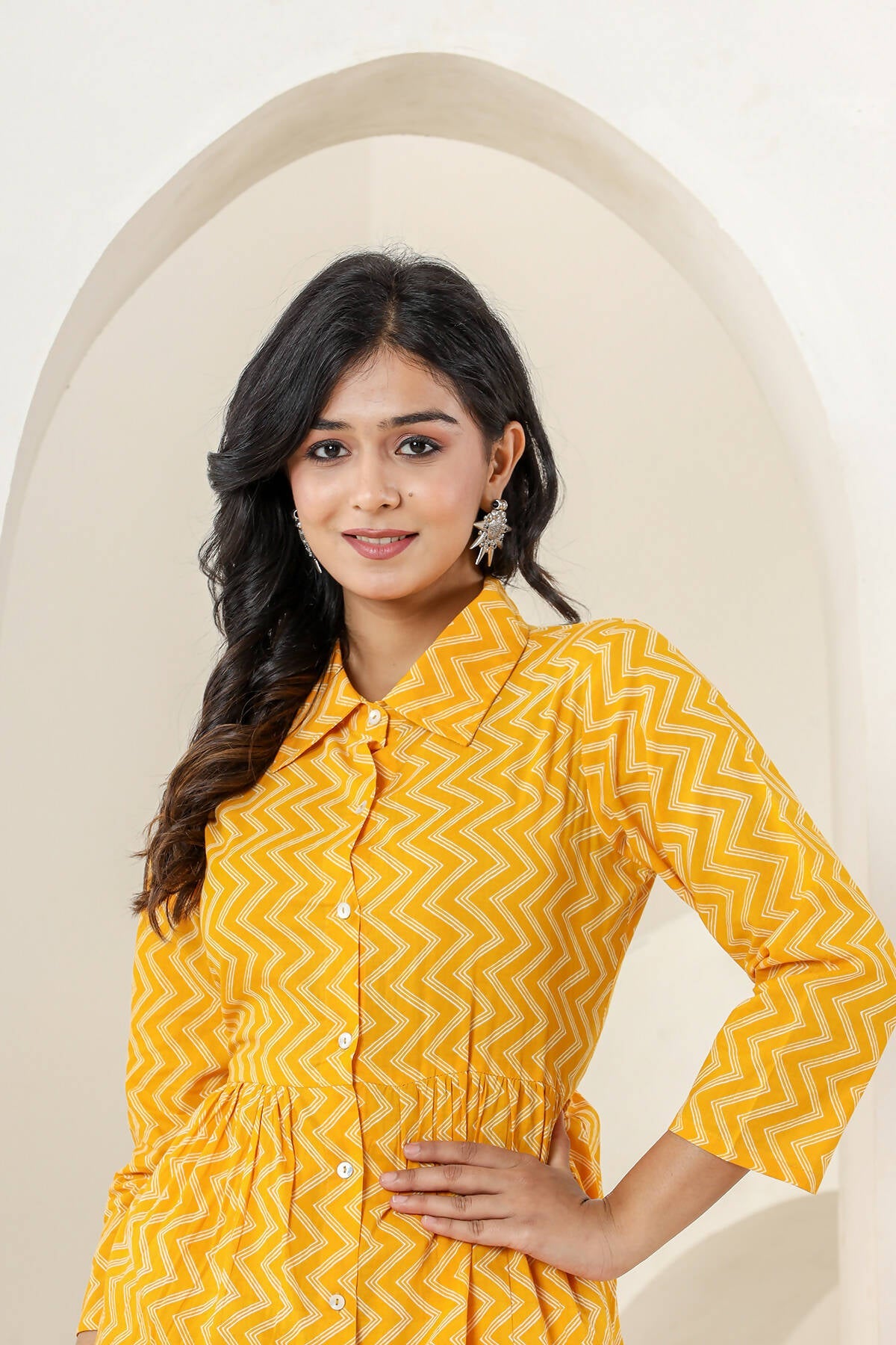 Kaajh Women's Yellow Zigzag Print Cotton Co-ord Set | Grocsy