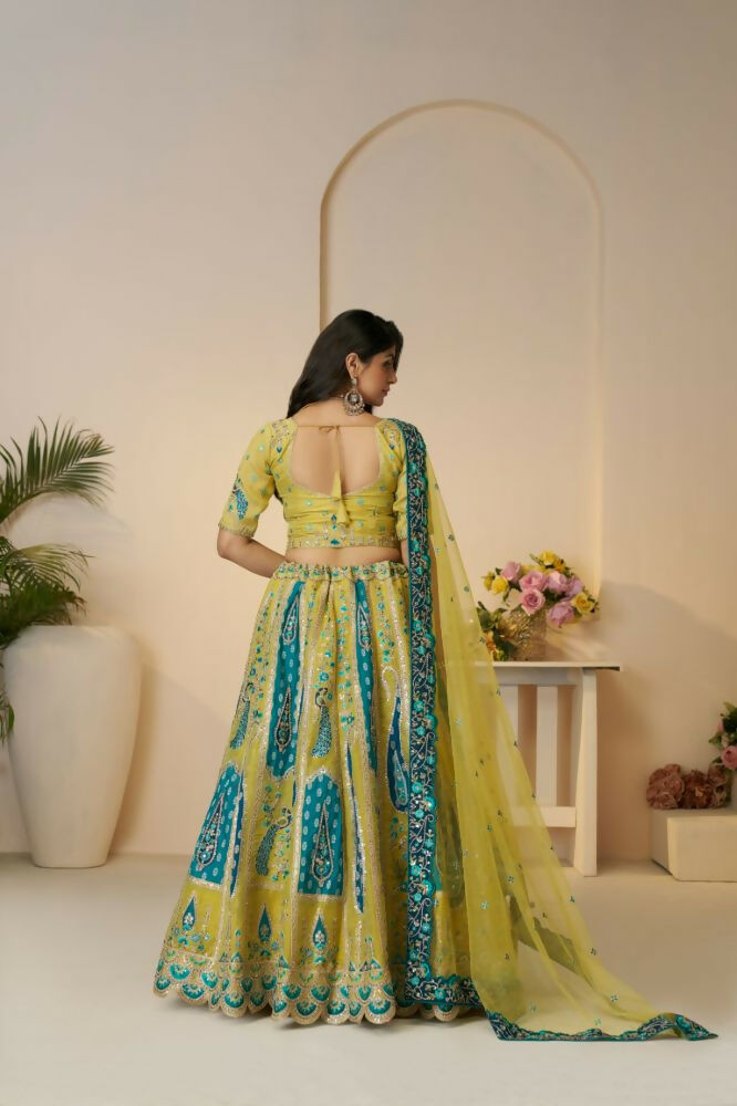 Kesar Fab Yellow Banarasi Silk Embroidered Lehenga | Grocsy
