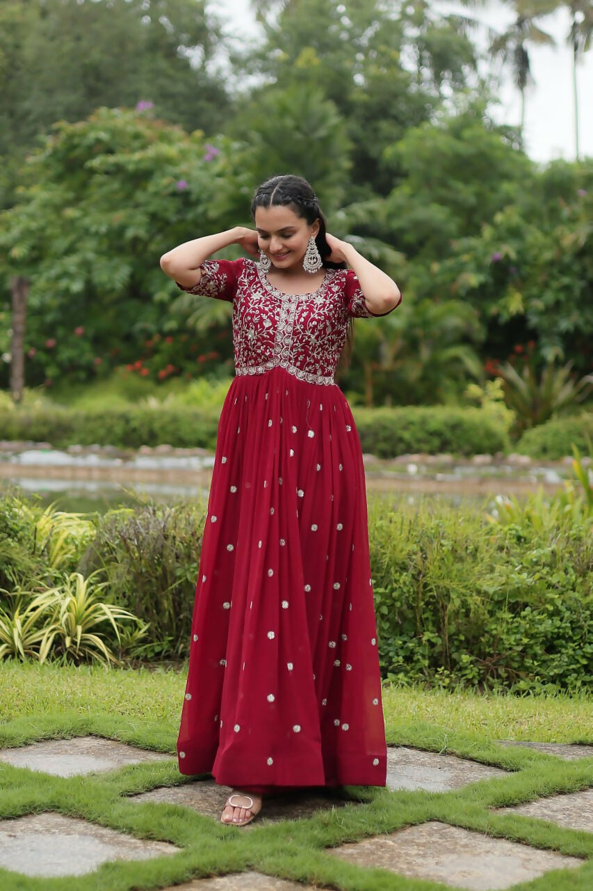 Vastranavya Premium Designer Faux Blooming with Embroidery Zari Sequins work Gown - Maroon | Grocsy