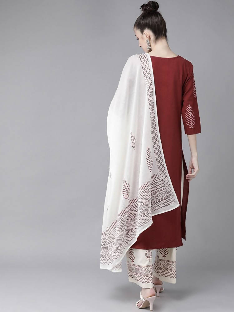Yufta Maroon & Off White Embroidered Dupatta Set | Grocsy