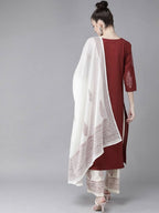 Yufta Maroon & Off White Embroidered Dupatta Set | Grocsy