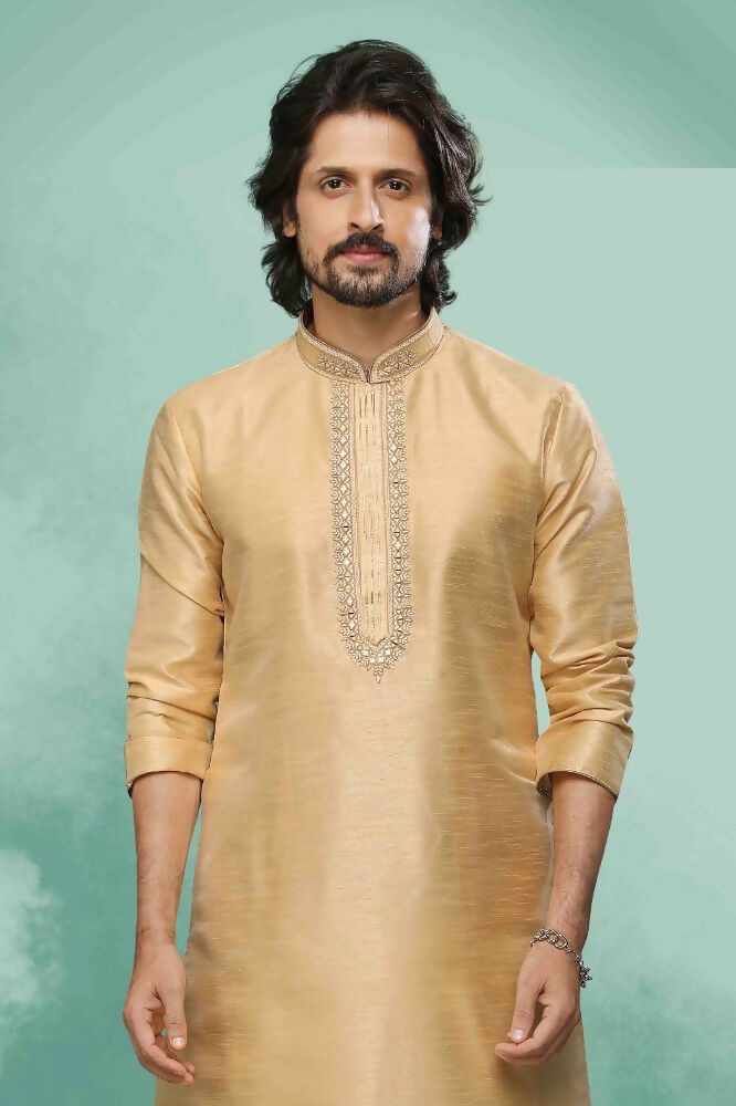 Raivat Ethnic Art Silk Mirror Embroidery Work Kurta Pajama In Beige Colour | Grocsy