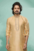 Raivat Ethnic Art Silk Mirror Embroidery Work Kurta Pajama In Beige Colour | Grocsy