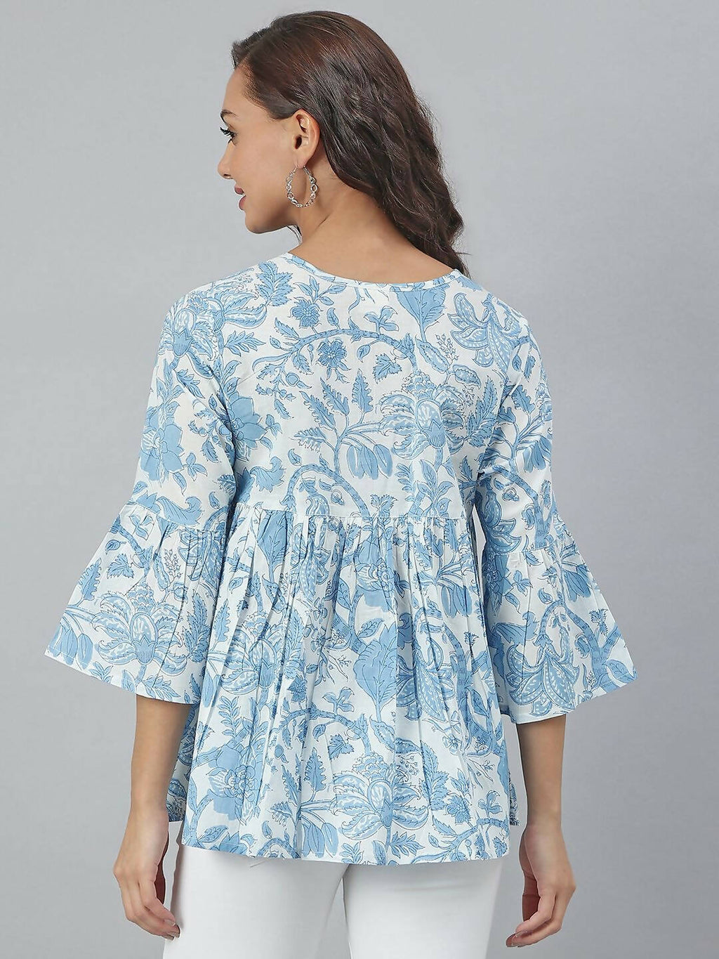 Janasya Women's White Cotton Floral Print Tiered Top | Grocsy