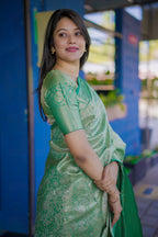 Prime Volt Bridal Kanchipuram Silk Saree with Rich Zari Weaving & Contrast Border-Green | Grocsy
