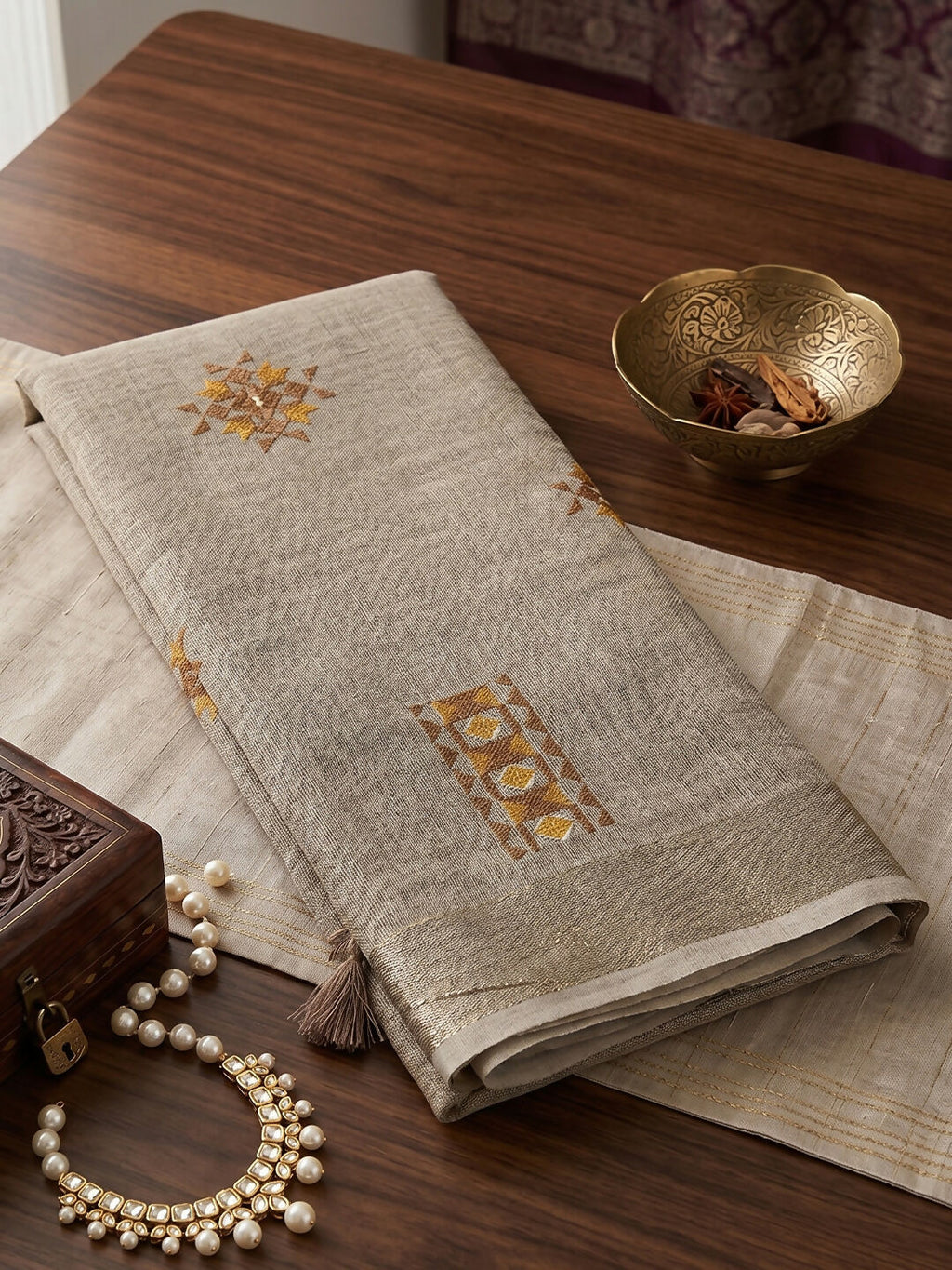 Shree Shyam Fashion Light Beige Linen Saree | Grocsy