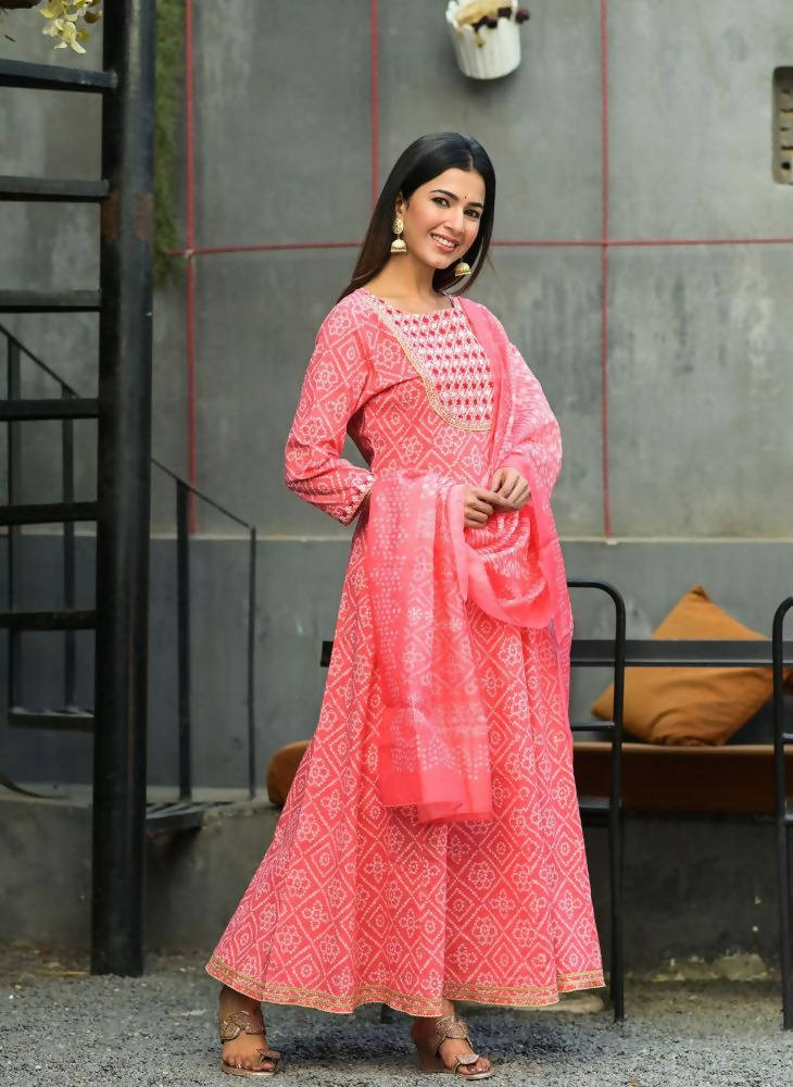Yufta Women Pink Handblock Printed Kurta with Trouser & Dupatta | Grocsy