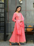 Yufta Women Pink Handblock Printed Kurta with Trouser & Dupatta | Grocsy
