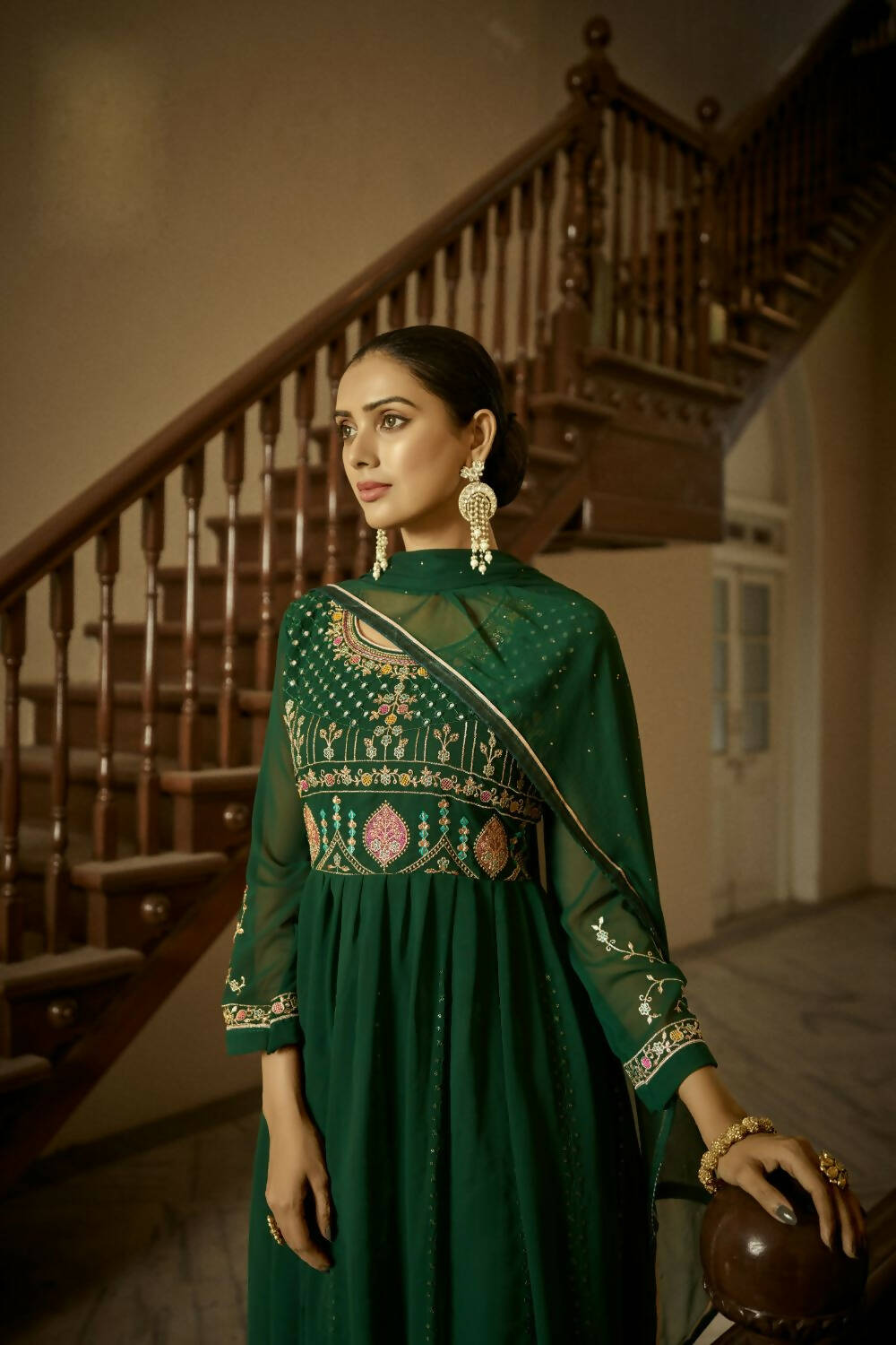 Green Heavy Faux Georgette Anarkali Embroidered Kurta Set - Dhvani | Grocsy