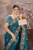Vastranavya Gold Crunchy Multi Colour Threads Embroidery Work with Sequins Work Saree with Blouse material - Teal | Grocsy
