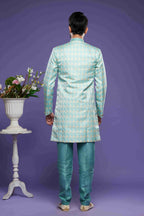 Raivat Ethnic Banarasi Jacquard Embroidery Semi Indo Western Sherwani In Sky Blue Colour | Grocsy